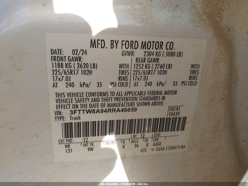 2024 Ford Maverick Xl VIN: 3FTTW8A94RRA46659 Lot: 45544095