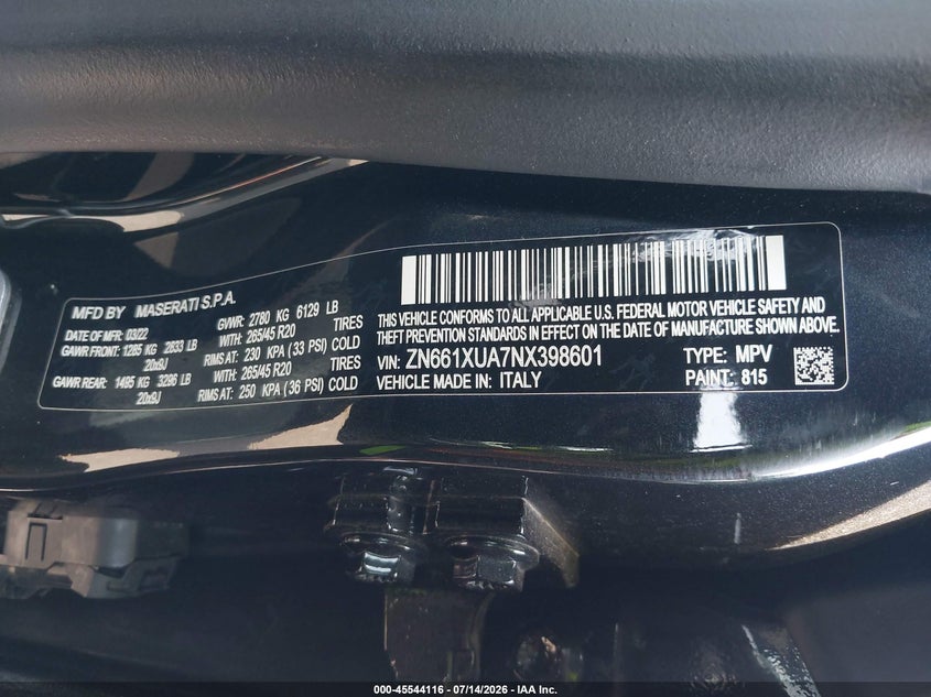 2022 Maserati Levante Gt VIN: ZN661XUA7NX398601 Lot: 45544116