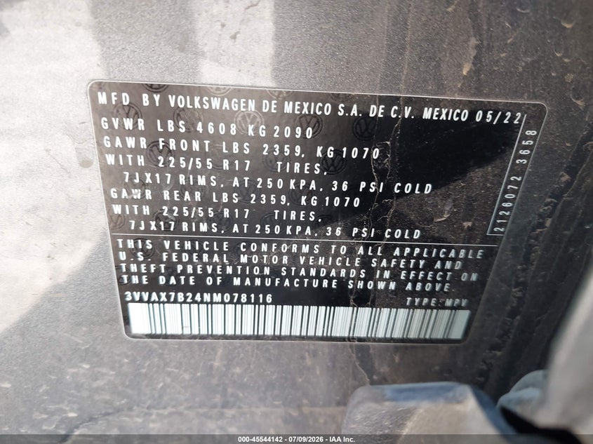 2022 Volkswagen Taos 1.5T S VIN: 3VVAX7B24NM078116 Lot: 45544142