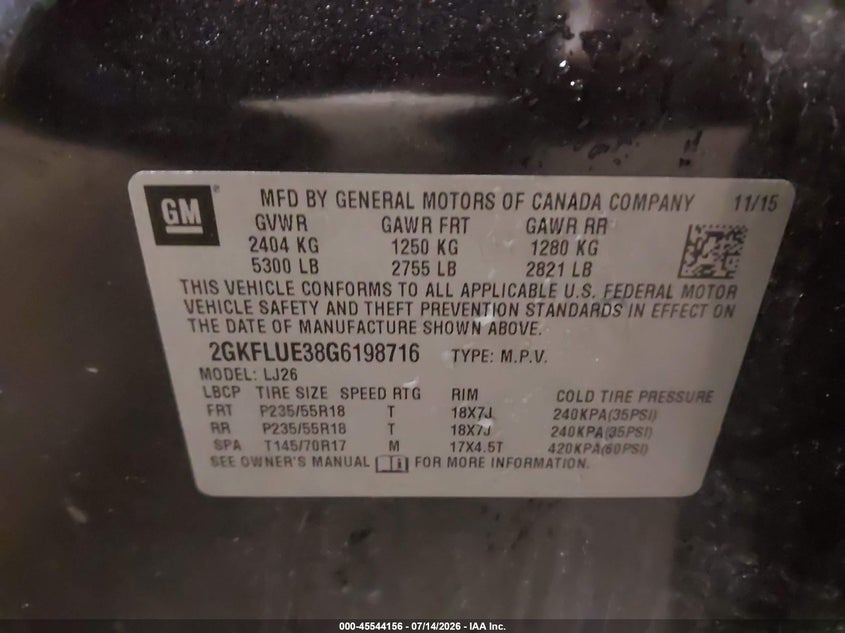 2016 GMC Terrain Slt VIN: 2GKFLUE38G6198716 Lot: 45544156