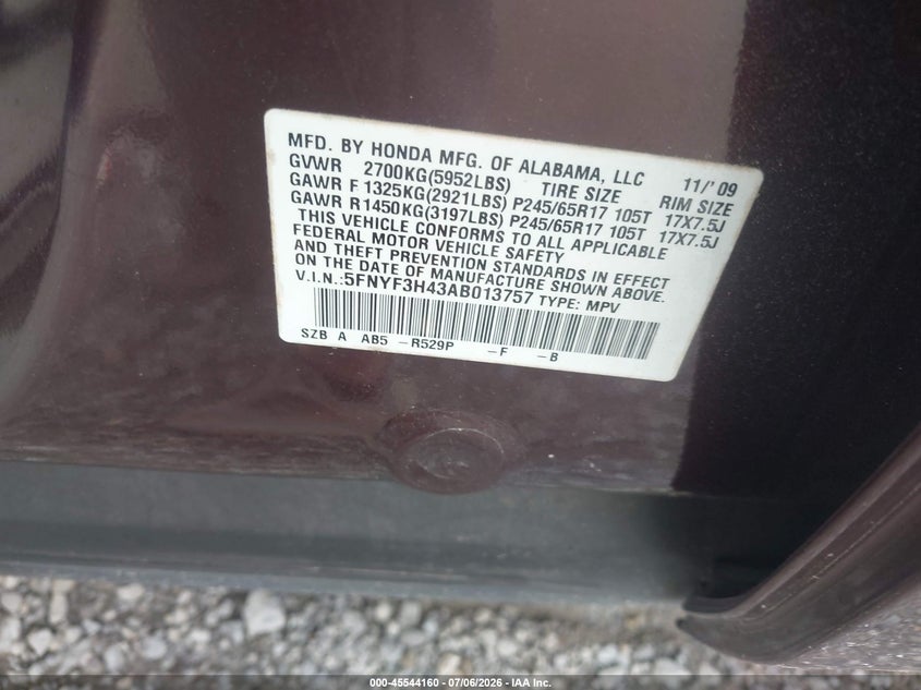 HONDA PILOT 2010 VIN 5FNYF3H43AB013757