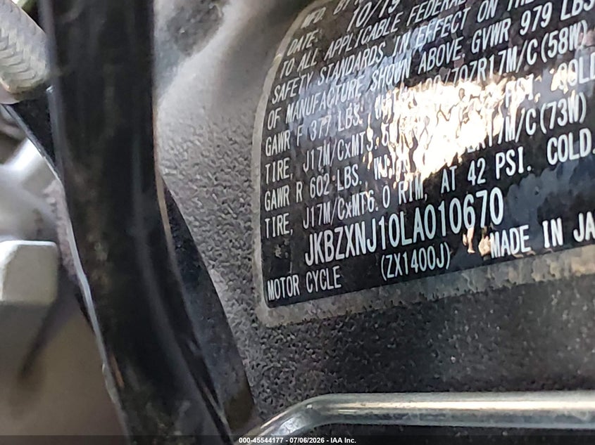 2020 Kawasaki Zx1400 J VIN: JKBZXNJ10LA010670 Lot: 45544177
