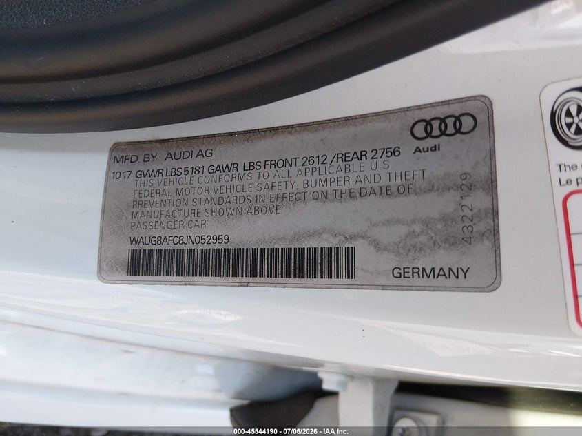 2018 Audi A6 2.0T Premium Plus VIN: WAUG8AFC8JN052959 Lot: 45544190