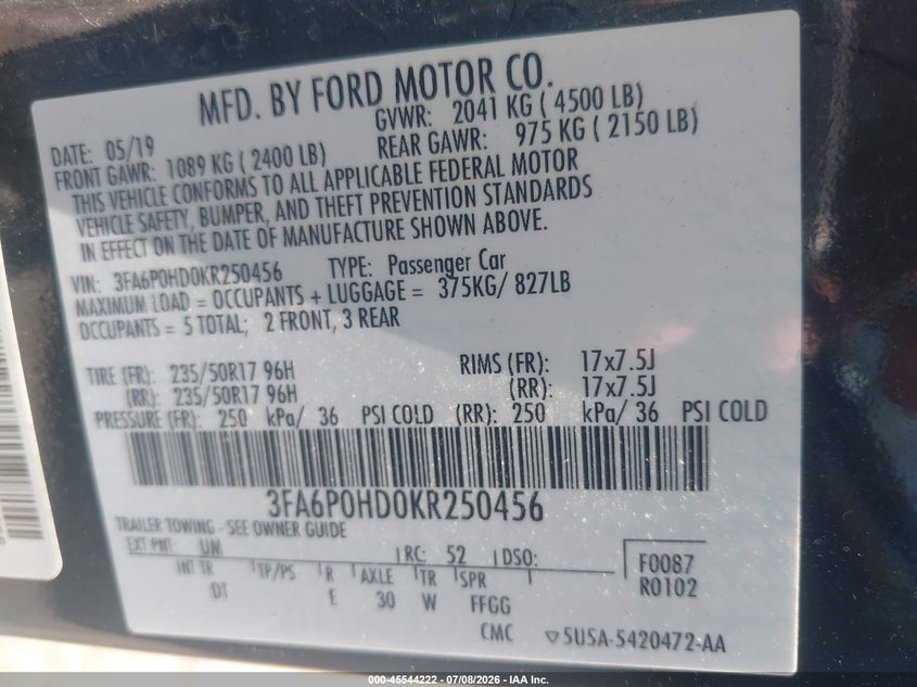 2019 FORD FUSION SEDAN 1.5L I-4 DI, DOHC, VVT, TURBO, 181HP