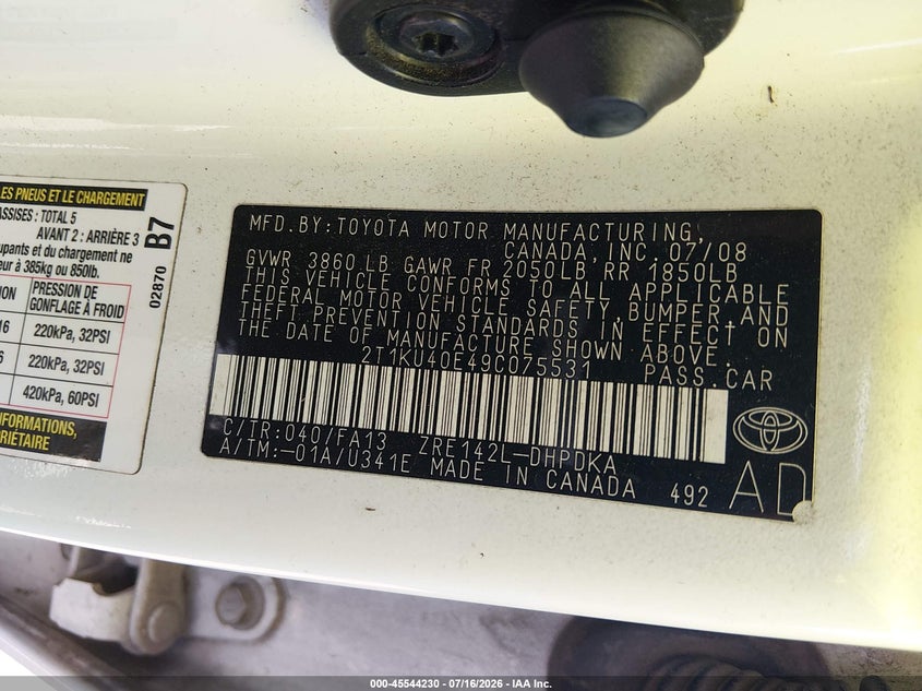 2009 Toyota Matrix VIN: 2T1KU40E49C075531 Lot: 45544230