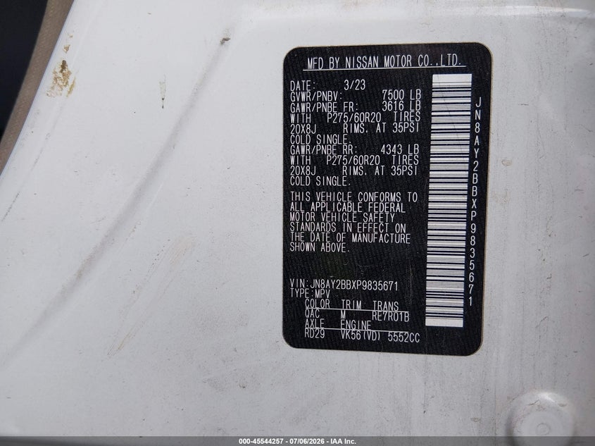 2023 Nissan Armada Sl 4Wd VIN: JN8AY2BBXP9835671 Lot: 45544257