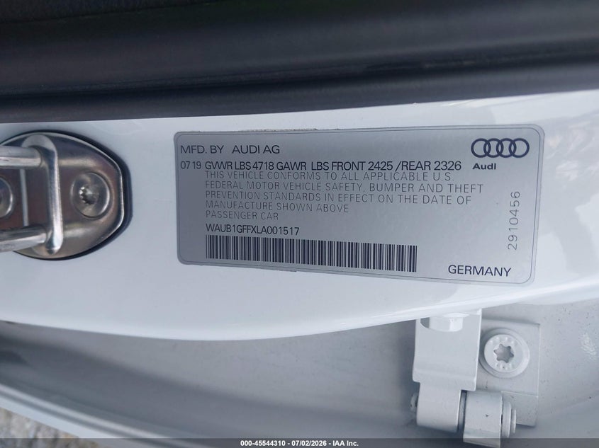 2020 Audi S3 Premium Tfsi Quattro S Tronic VIN: WAUB1GFFXLA001517 Lot: 45544310