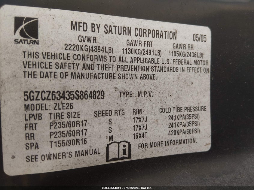 2005 Saturn Vue V6 VIN: 5GZCZ63435S864829 Lot: 45544311