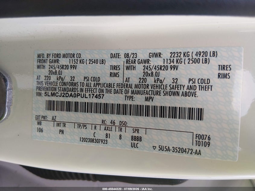 2023 Lincoln Corsair Reserve VIN: 5LMCJ2DA0PUL17457 Lot: 45544320