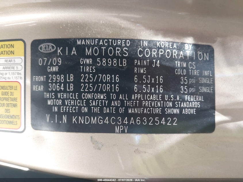 2010 Kia Sedona Lx VIN: KNDMG4C34A6325422 Lot: 45544342