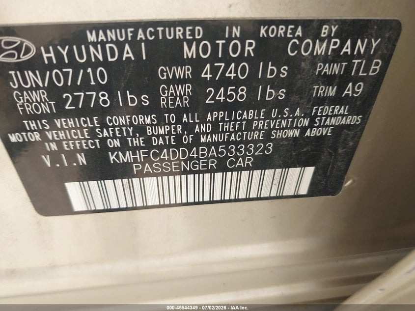 2011 HYUNDAI AZERA SEDAN 3.3L V-6 DOHC, VVT, 260HP