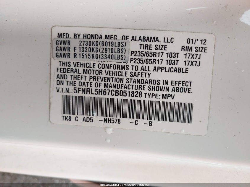 2012 Honda Odyssey Ex-L VIN: 5FNRL5H67CB051828 Lot: 45544354