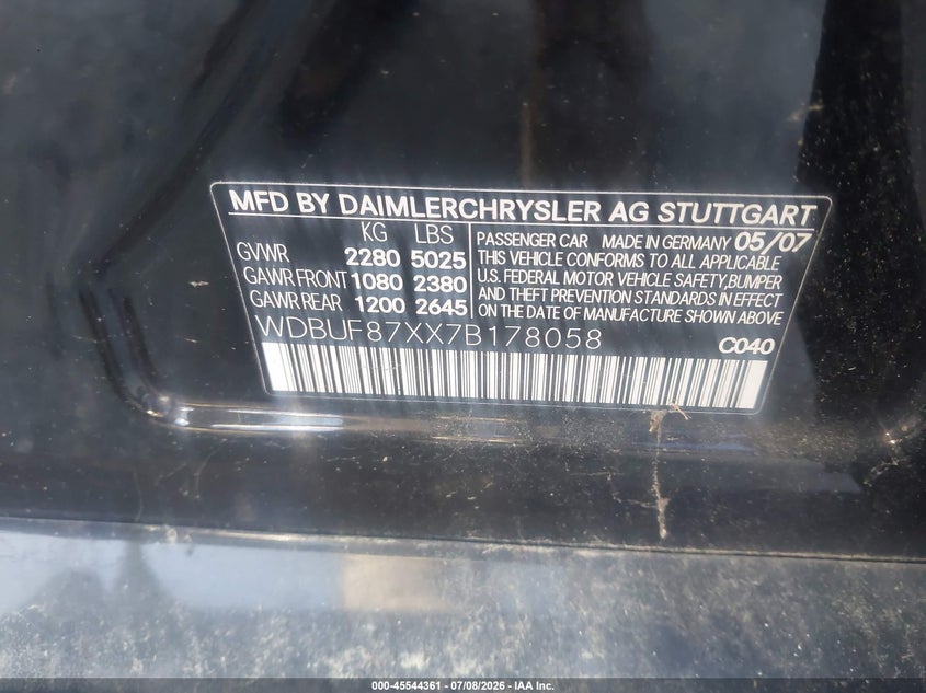 MERCEDES-BENZ E 350 2007 VIN WDBUF87XX7B178058