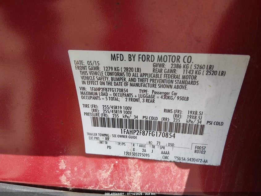 2015 Ford Taurus Limited VIN: 1FAHP2F87FG170854 Lot: 45544401