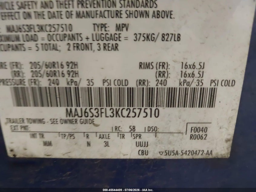 2019 Ford Ecosport S VIN: MAJ6S3FL3KC257510 Lot: 45544409