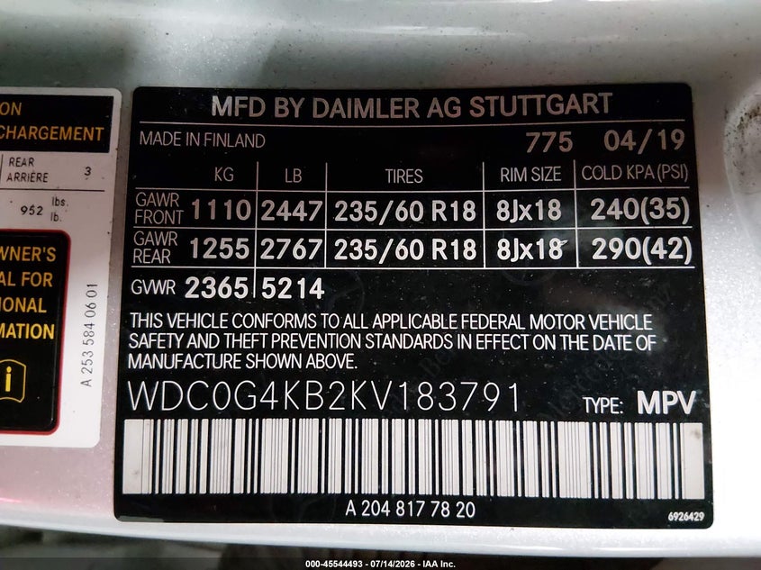 2019 Mercedes-Benz Glc 300 4Matic VIN: WDC0G4KB2KV183791 Lot: 45544493
