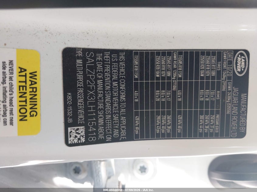 2020 Land Rover Range Rover Evoque Se VIN: SALZP2FX3LH115418 Lot: 45544554