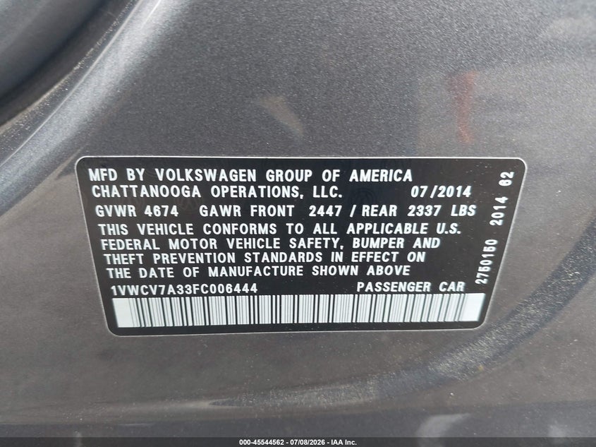 2015 Volkswagen Passat 2.0L Tdi Sel Premium VIN: 1VWCV7A33FC006444 Lot: 45544562