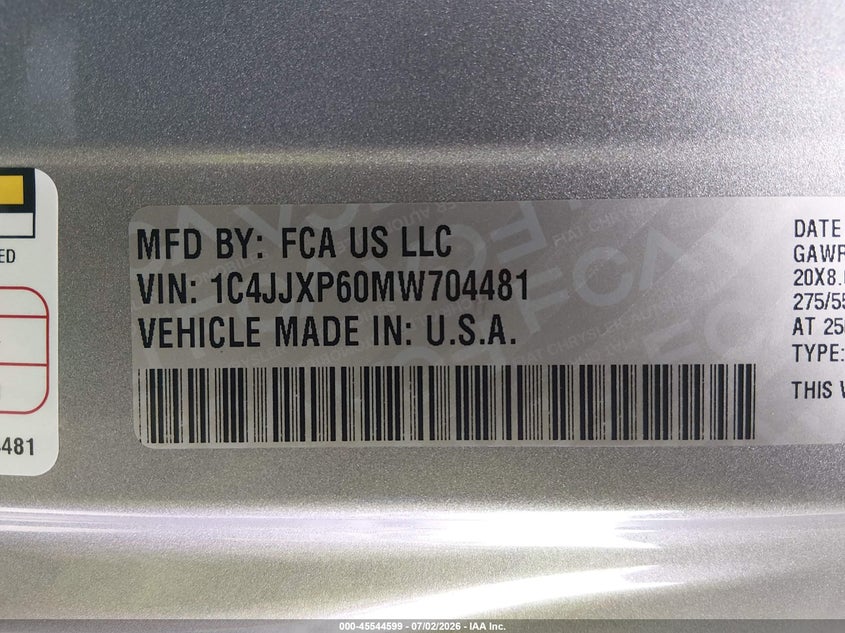2021 Jeep Wrangler 4Xe Unlimited Sahara 4X4 VIN: 1C4JJXP60MW704481 Lot: 45544599