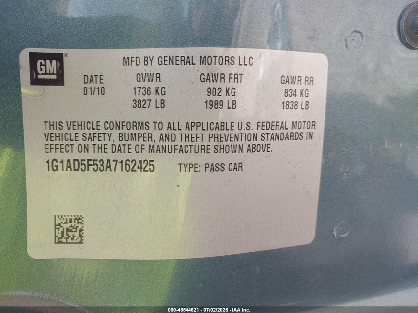 2010 Chevrolet Cobalt Lt VIN: 1G1AD5F53A7162425 Lot: 45544621