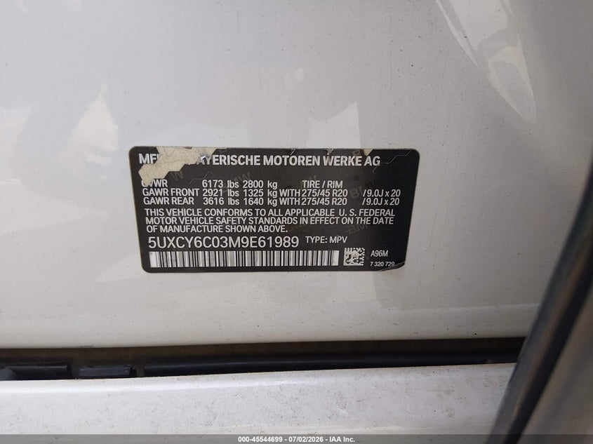 2021 BMW X6 xDrive40I VIN: 5UXCY6C03M9E61989 Lot: 45544699