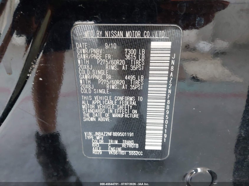 2011 Infiniti Qx56 VIN: JN8AZ2NF8B9501191 Lot: 45544701