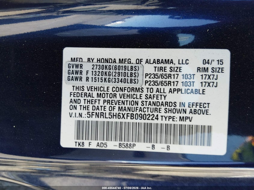 2015 Honda Odyssey Ex-L VIN: 5FNRL5H6XFB090224 Lot: 45544740