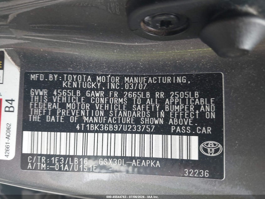 2007 Toyota Avalon Limited VIN: 4T1BK36B97U233757 Lot: 45544763