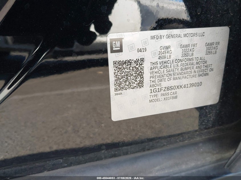 2019 Chevrolet Bolt Ev Premier VIN: 1G1FZ6S0XK4139010 Lot: 45544853