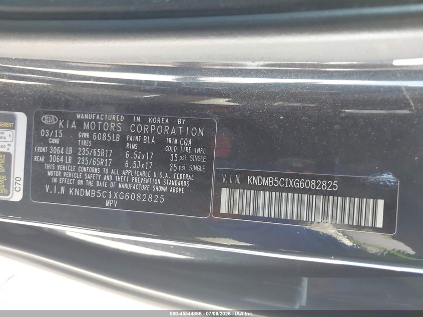 2016 Kia Sedona Lx VIN: KNDMB5C1XG6082825 Lot: 45544866