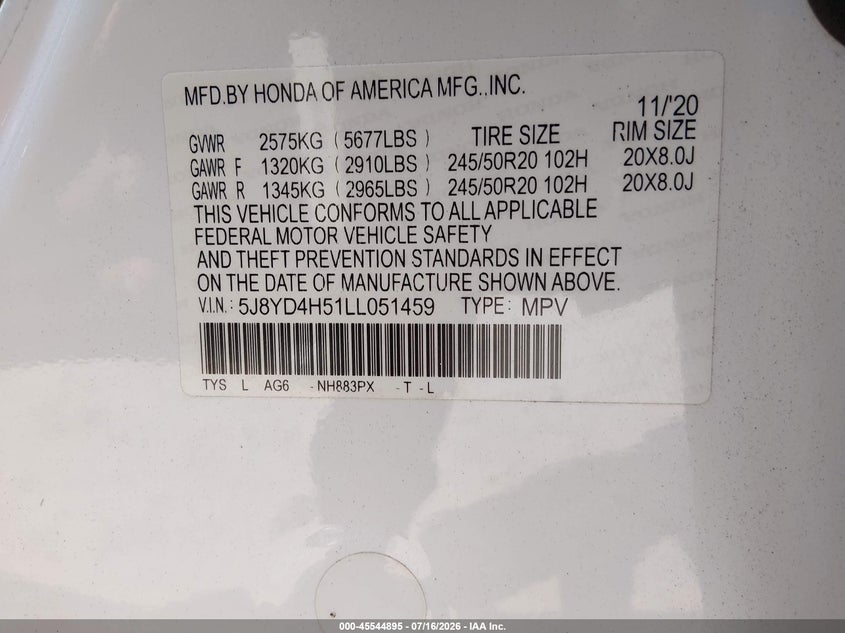2020 Acura Mdx Technology Package VIN: 5J8YD4H51LL051459 Lot: 45544895