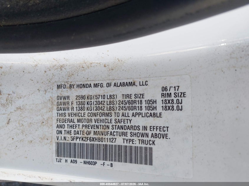 2017 Honda Ridgeline Rtl-T VIN: 5FPYK2F6XHB011127 Lot: 45544927