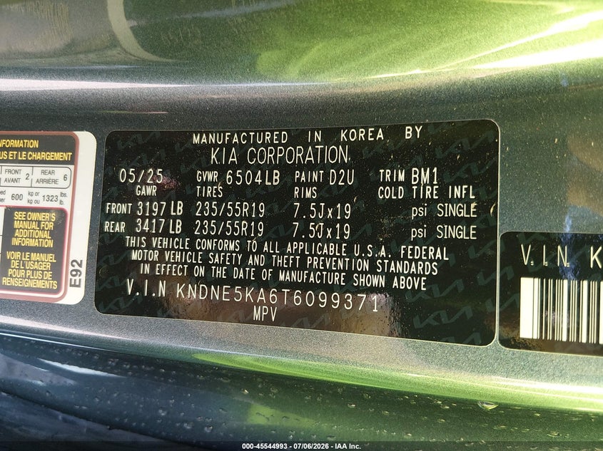 2026 Kia Carnival Mpv Hybrid Sx VIN: KNDNE5KA6T6099371 Lot: 45544993