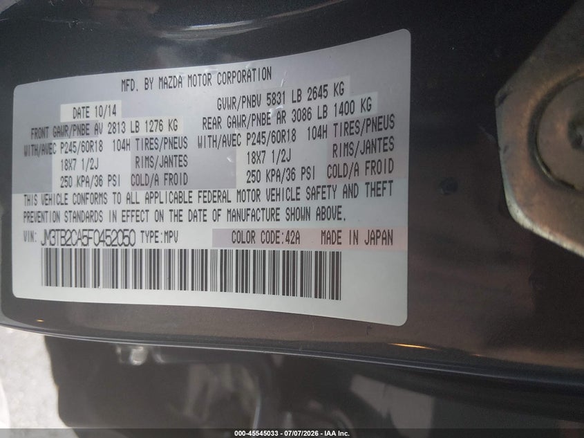 2015 Mazda Cx-9 Touring VIN: JM3TB2CA5F0452050 Lot: 45545033