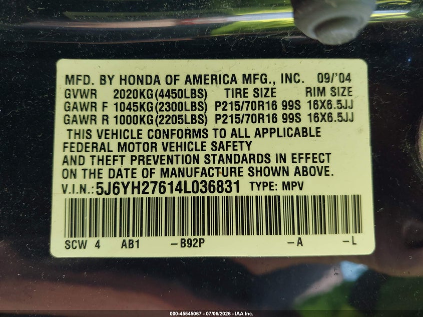 2004 Honda Element Ex VIN: 5J6YH27614L036831 Lot: 45545067