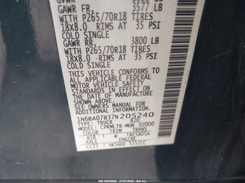 2007 Nissan Titan Se VIN: 1N6BA07B37N205240 Lot: 45545065