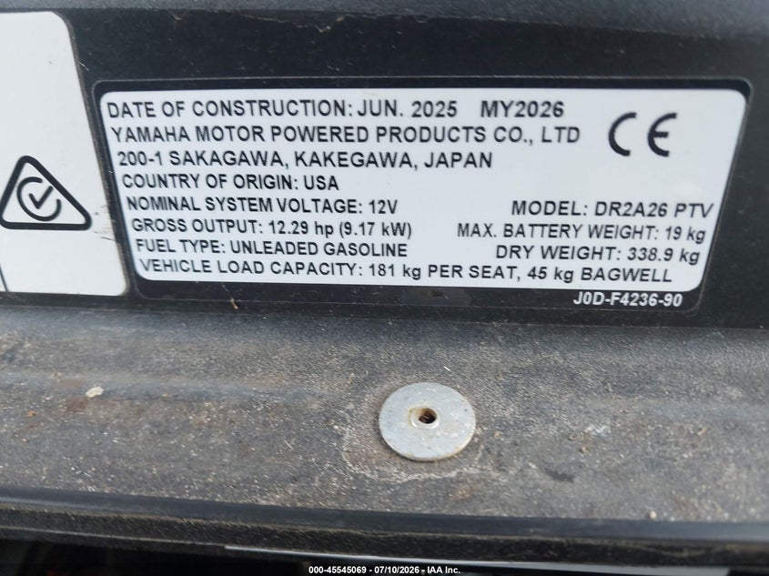 2026 Yamaha Drive 2 VIN: J0D900157 Lot: 45545069