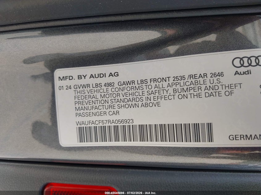 2024 Audi A5 Sportback Premium Plus 45 Tfsi Quattro S Tronic VIN: WAUFACF57RA056923 Lot: 45545086