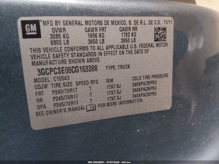 CHEVROLET SILVERADO 1500 2012 VIN 3GCPCSE06CG163388