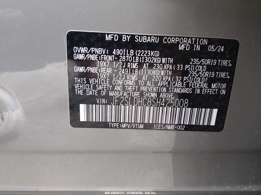 VIN JF2SLDHC8SH425008 2025 SUBARU FORESTER SPORT