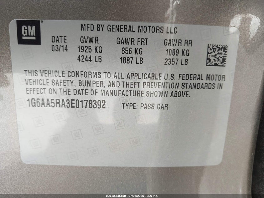 2014 Cadillac Ats Standard VIN: 1G6AA5RA3E0178392 Lot: 45545150