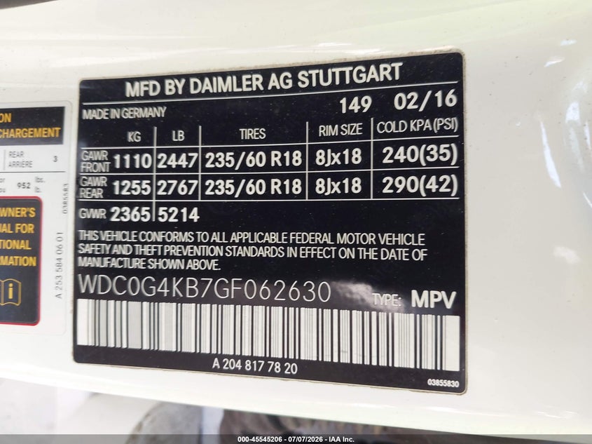 2016 Mercedes-Benz Glc 300 4Matic VIN: WDC0G4KB7GF062630 Lot: 45545206
