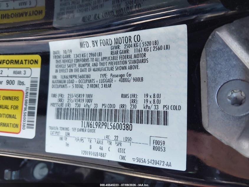 2020 Lincoln Continental Reserve VIN: 1LN6L9RP9L5600380 Lot: 45545223