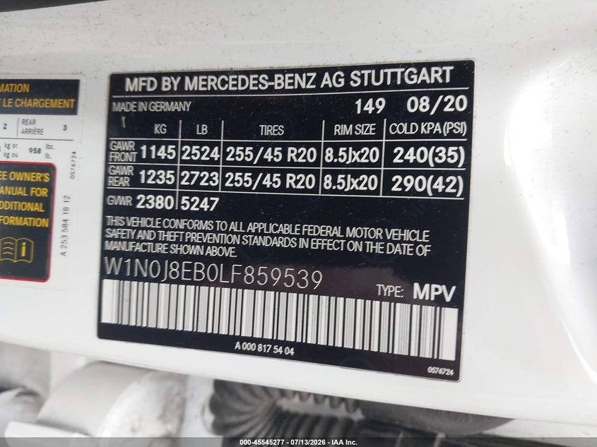 2020 Mercedes-Benz Glc 300 Coupe 4Matic VIN: W1N0J8EB0LF859539 Lot: 45545277
