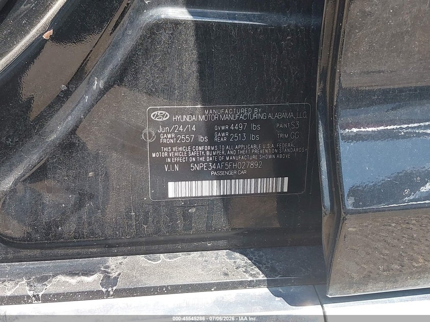 2015 HYUNDAI SONATA SEDAN 2.4L I-4 DI, DOHC, VVT, 185HP