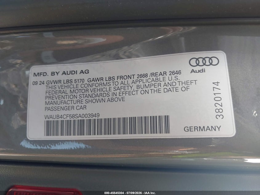 2025 Audi S5 Sportback Premium Tfsi Quattro Tiptronic VIN: WAUB4CF58SA003949 Lot: 45545304