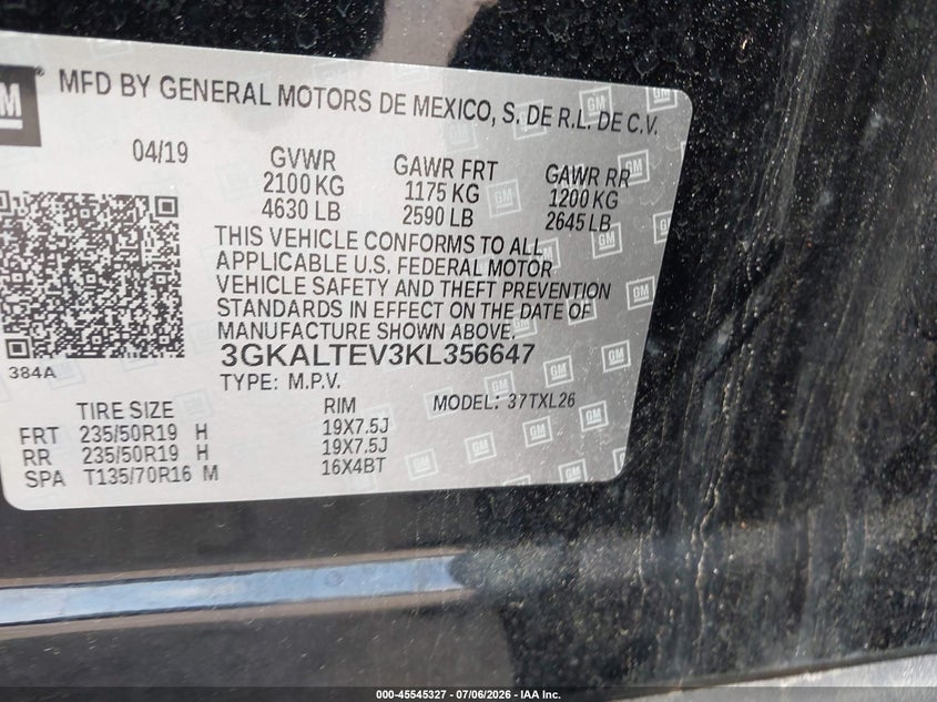 GMC TERRAIN 2019 VIN 3GKALTEV3KL356647