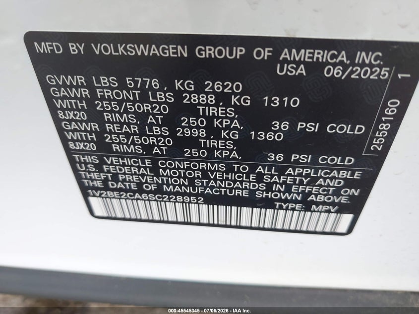 2025 Volkswagen Atlas Cross Sport 2.0T Sel VIN: 1V2BE2CA6SC228952 Lot: 45545345