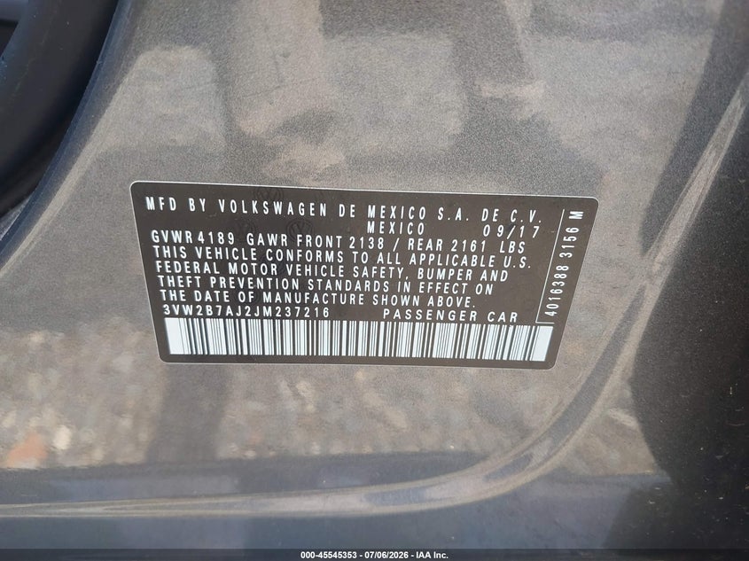 VOLKSWAGEN JETTA 2018 VIN 3VW2B7AJ2JM237216