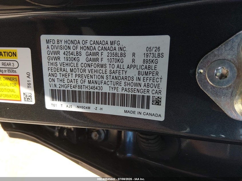 2026 HONDA CIVIC SEDAN 2.0L I-4 DI, DOHC, VVT, 141HP